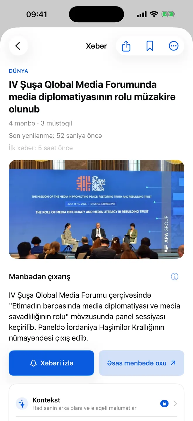 Aktualda xəbər səhifəsi: birləşdirilmiş başlıq və mənbələrin sayı.