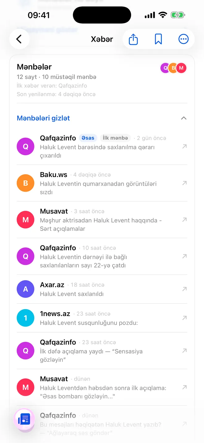 Xəbər səhifəsində Mənbələr bölməsi: 12 sayt və 10 müstəqil mənbə.