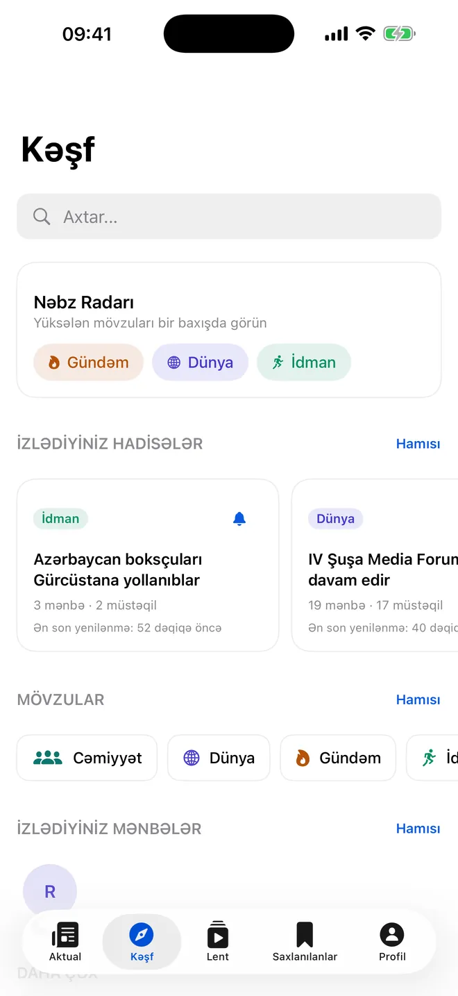 The Discover screen: trending radar, followed stories and topics.