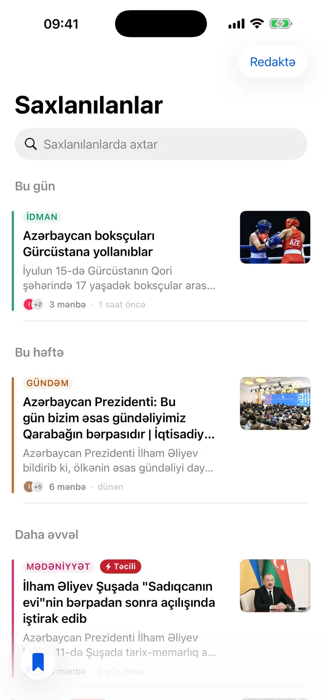 The Saved screen: stories saved today, this week and earlier.
